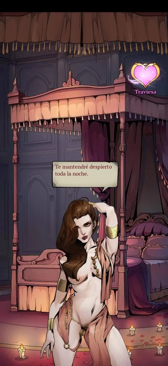 Busty white woman with long brown hair in a bedroom, wearing minimal fabric and gold jewelry with a Spanish caption.