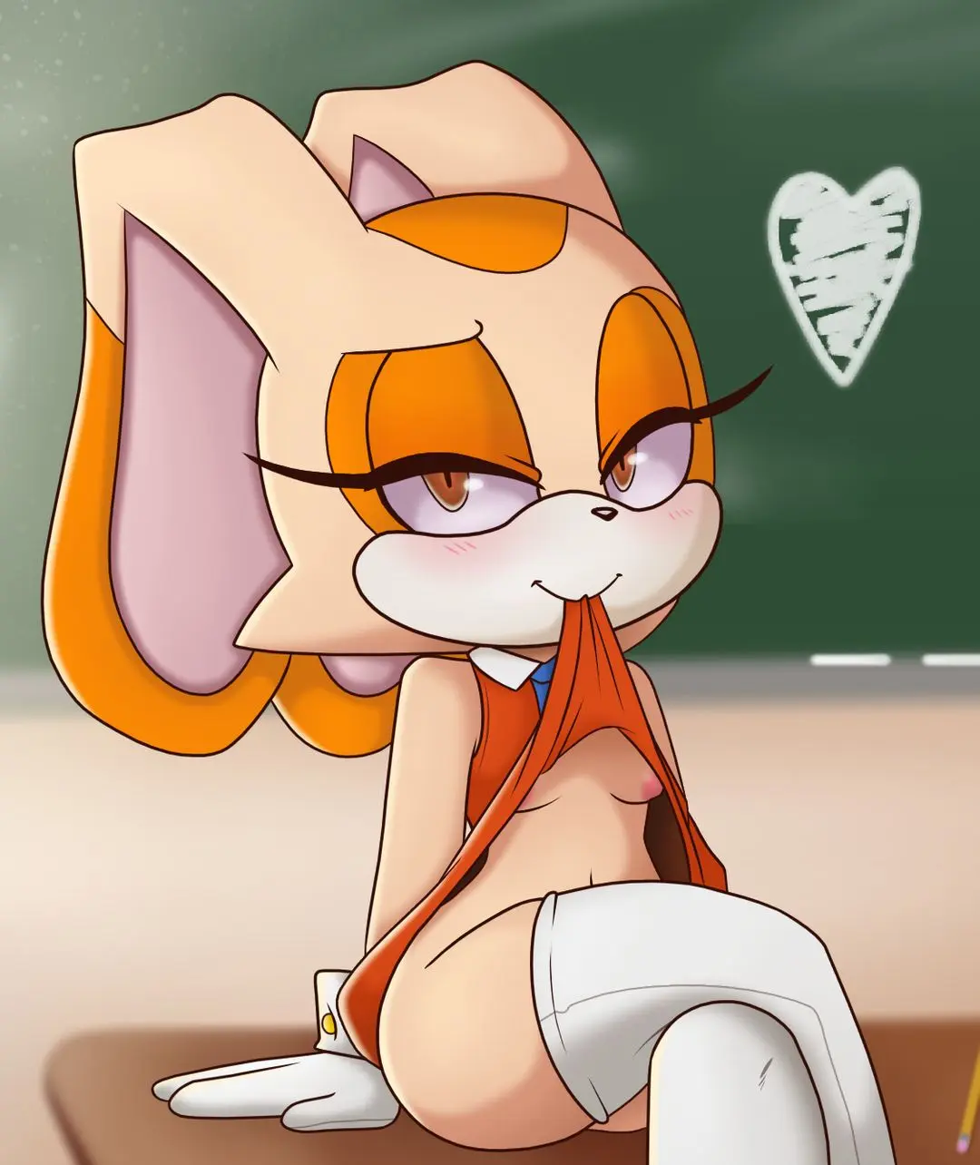 Cream the Rabbit as a teacher in a classroom, lifting her orange shirt to show her breasts.
