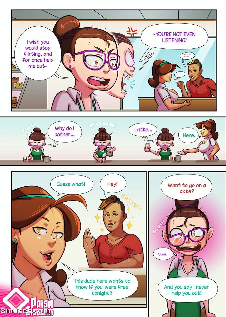 Futanari comic Cup O' Love: Date Night by Dsan featuring Janet and her coworker in a coffee shop.