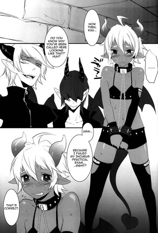 Kuu, a pale white-haired femboy devil in black leather bondage gear, posing and engaging in anal sex.