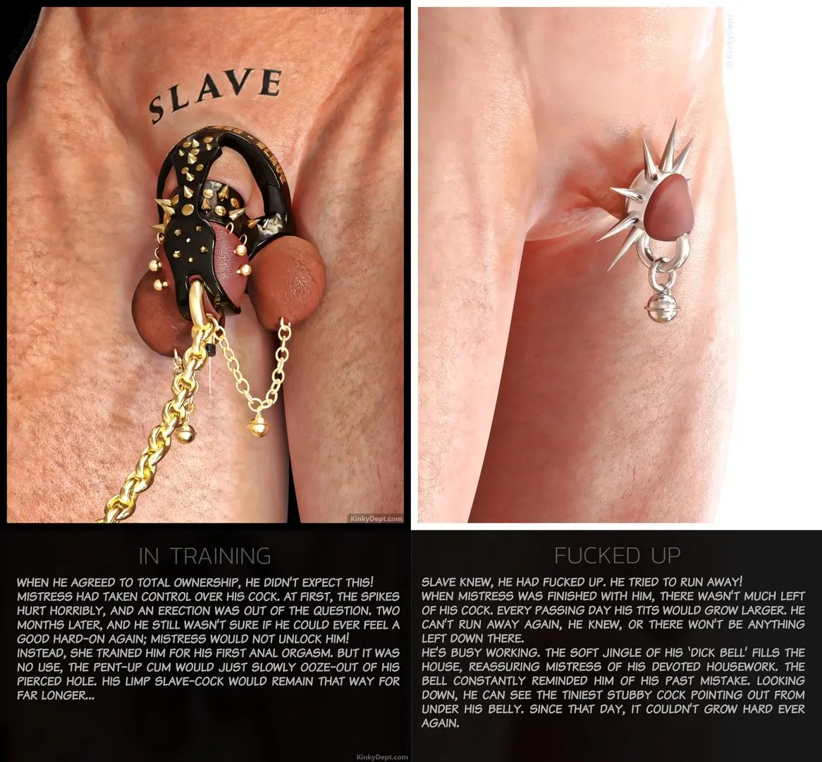 Male castration and penectomy with BDSM gear, genital piercing, and a slave tattoo on a white man's abdomen.