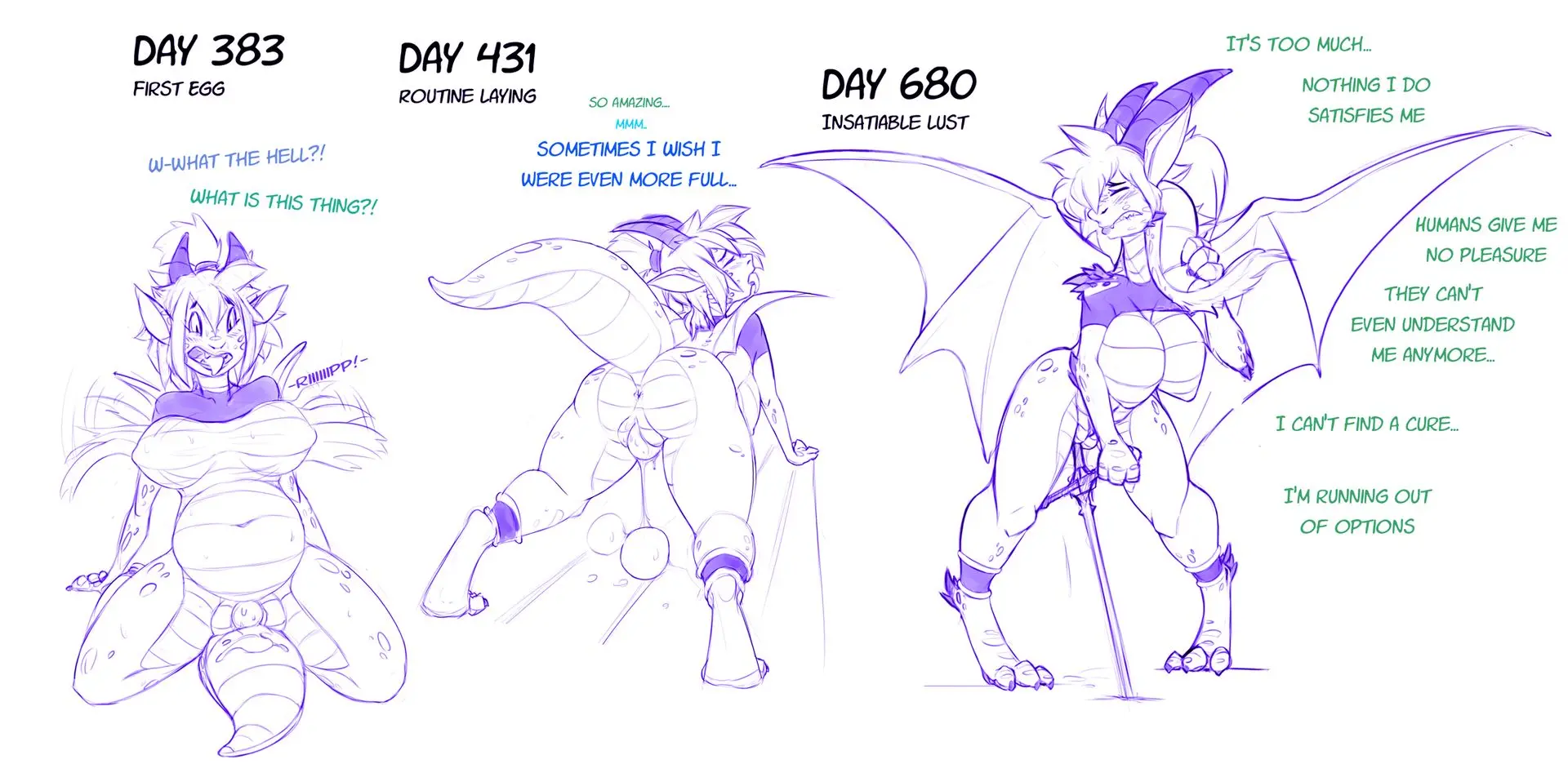 Dragon cuntboy knight by Watsup transforming from a purple haired woman in armor into a massive dragon queen