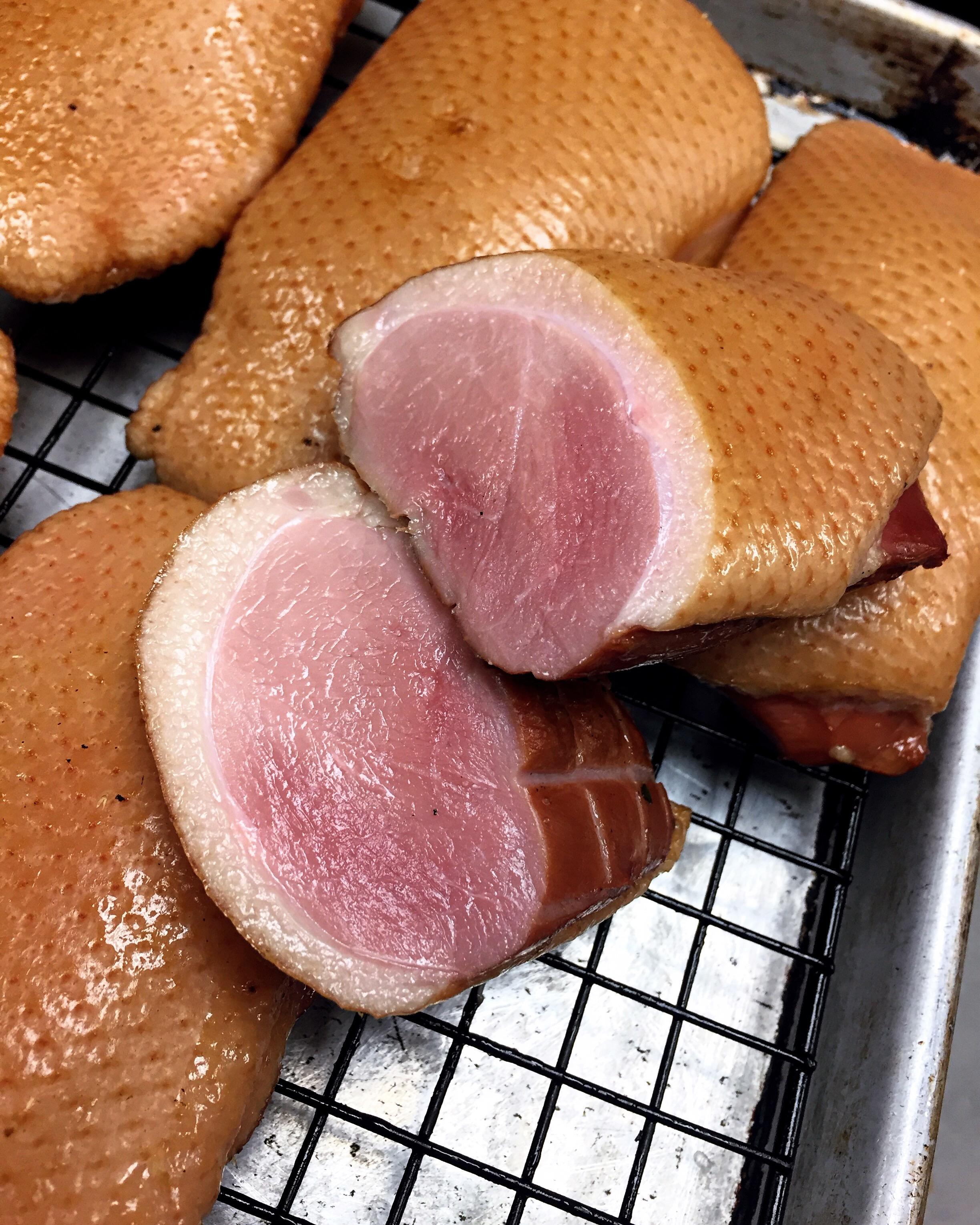 Duck breast “ham”. Wet cured and slowly smoked with apple smoke. To be