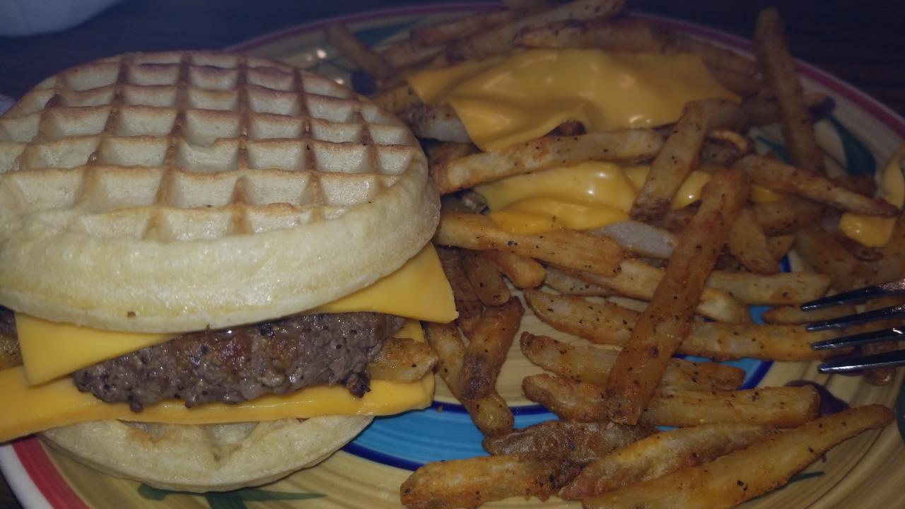 Eggo Waffle burger with cheese fries Scrolller