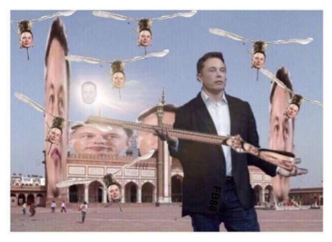 Elon Musk holding an Elon Musket at an Elon Mosque surrounded by Elon ...