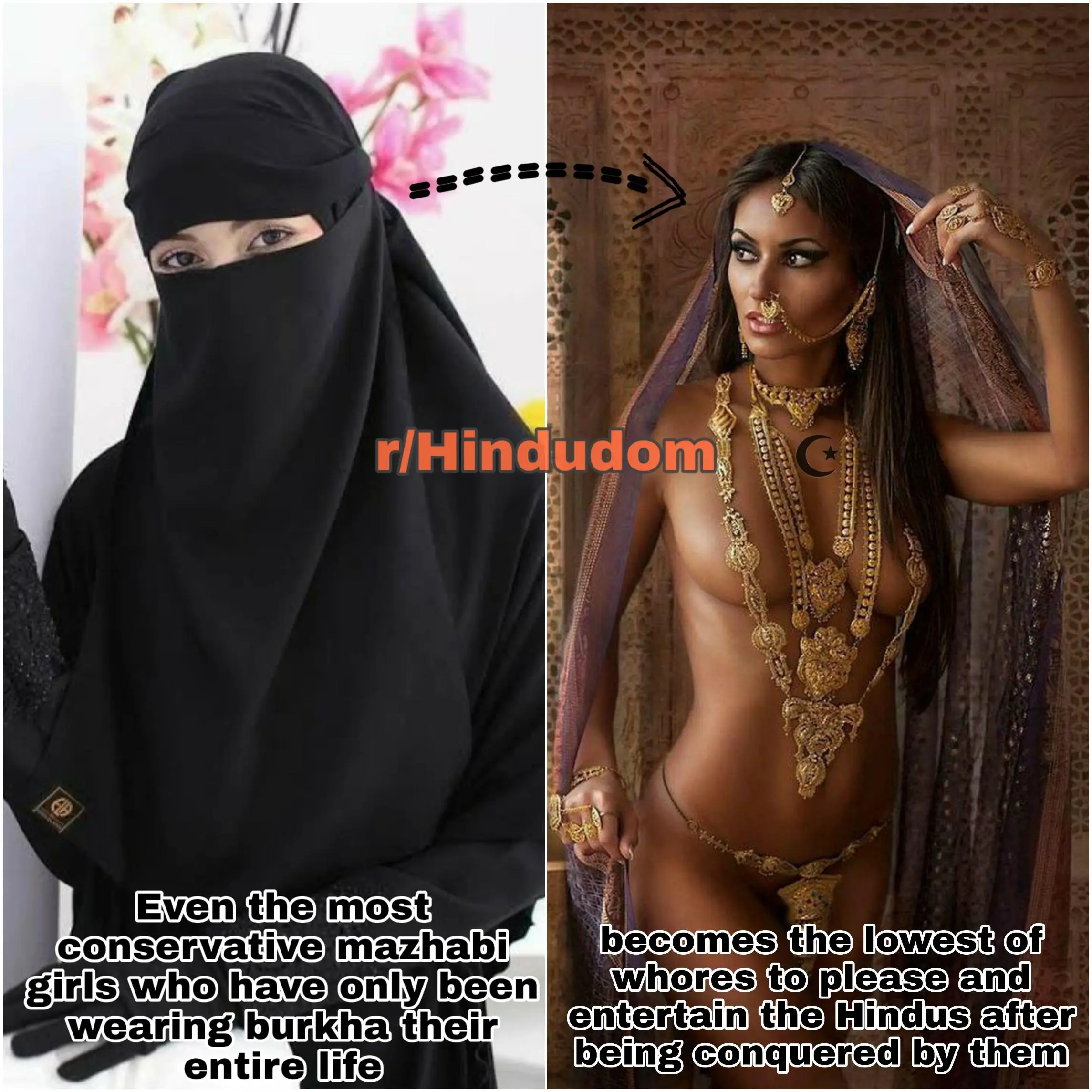 Even the most conservative mazhabi girls who have only been wearing burkha their entire life becomes the lowest of whores to please and entertain the Hindus after being conquered by them. Doesn't take much time to go from mazhabi muslimah to complete muslim randi for Hindu.