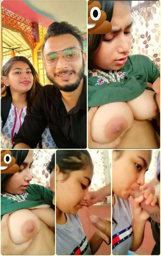 Busty desi girl and her boyfriend in an indoor selfie featuring breast exposure and a blowjob.