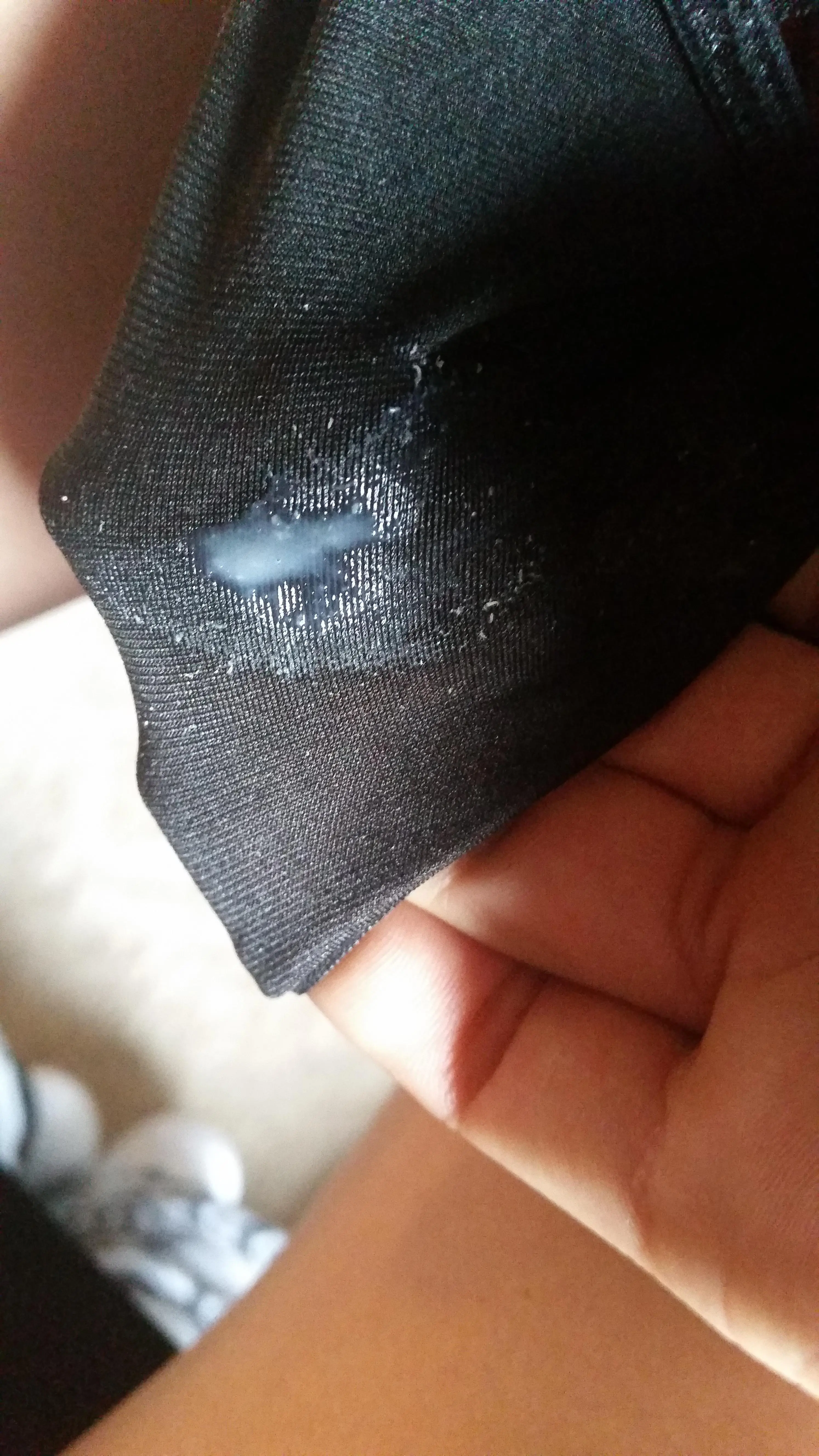 Woman showing dirty panties with wet panty nectar and underwear marks on the gusset