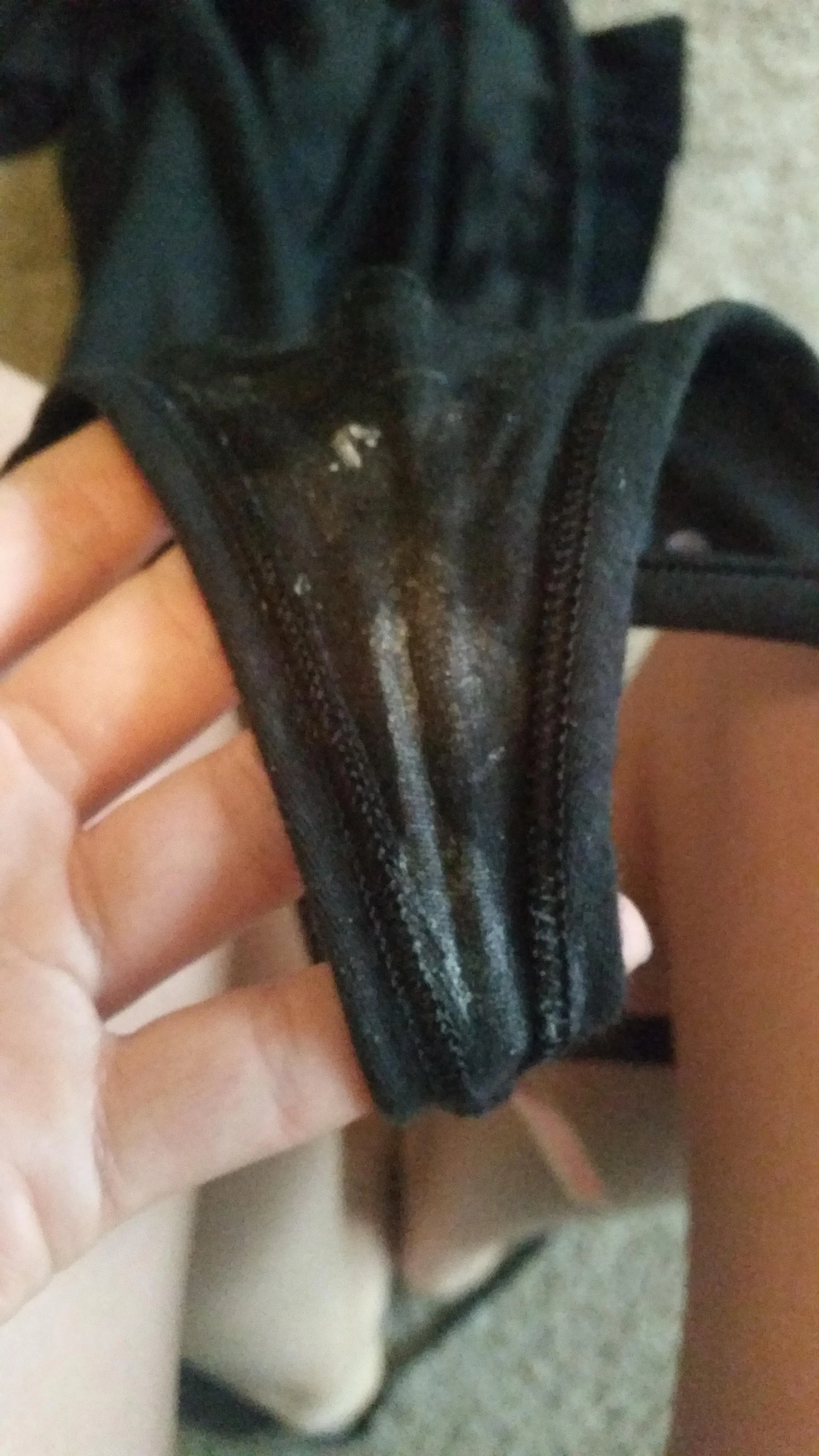 Woman showing dirty panties with wet panty nectar and underwear marks on the gusset