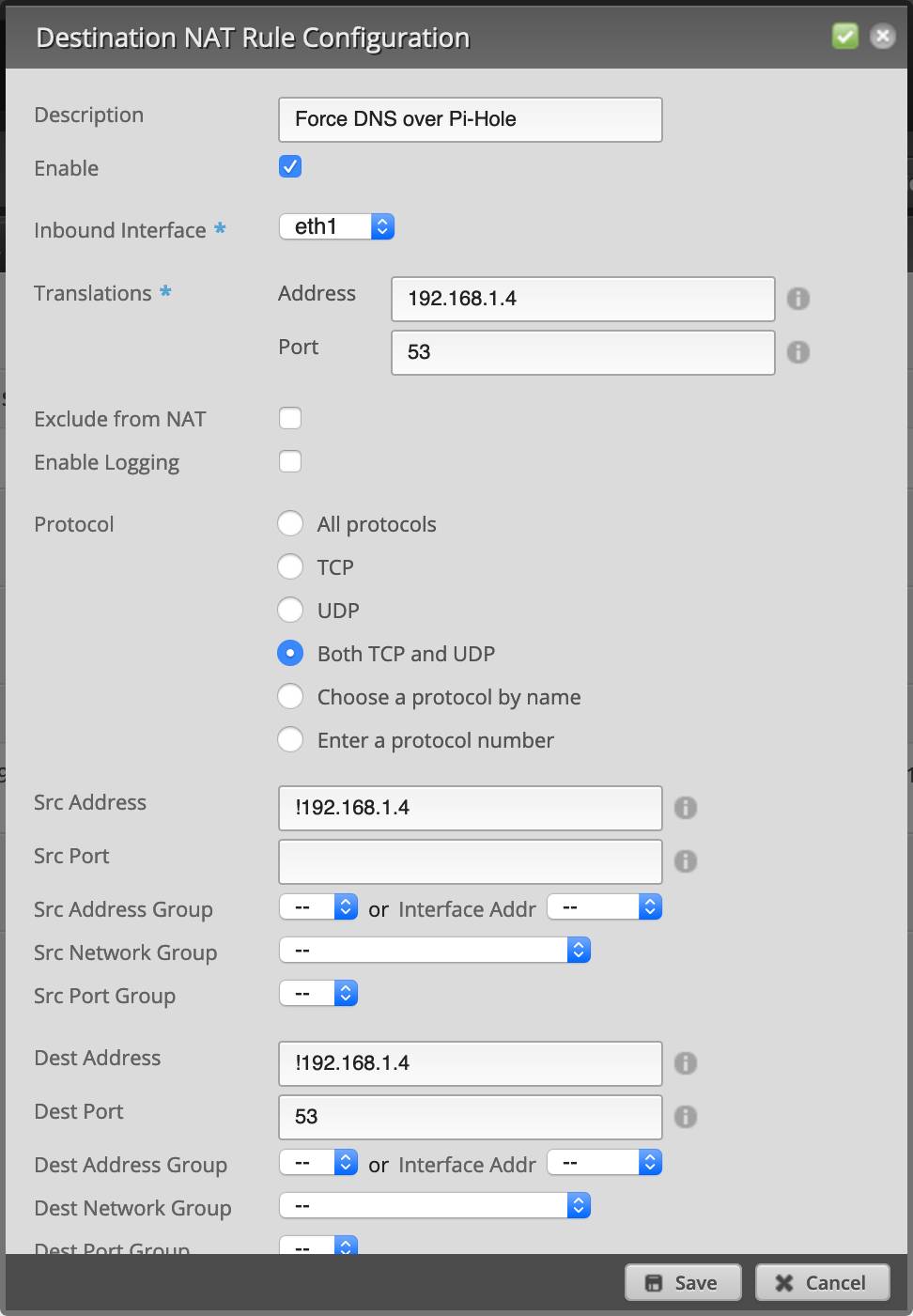 For those with an edgerouter this is my dnat rule to force all dns