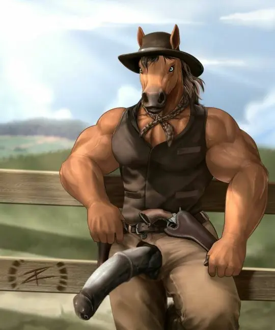 Muscular gay furry anthros with huge cocks and big dicks in various poses.