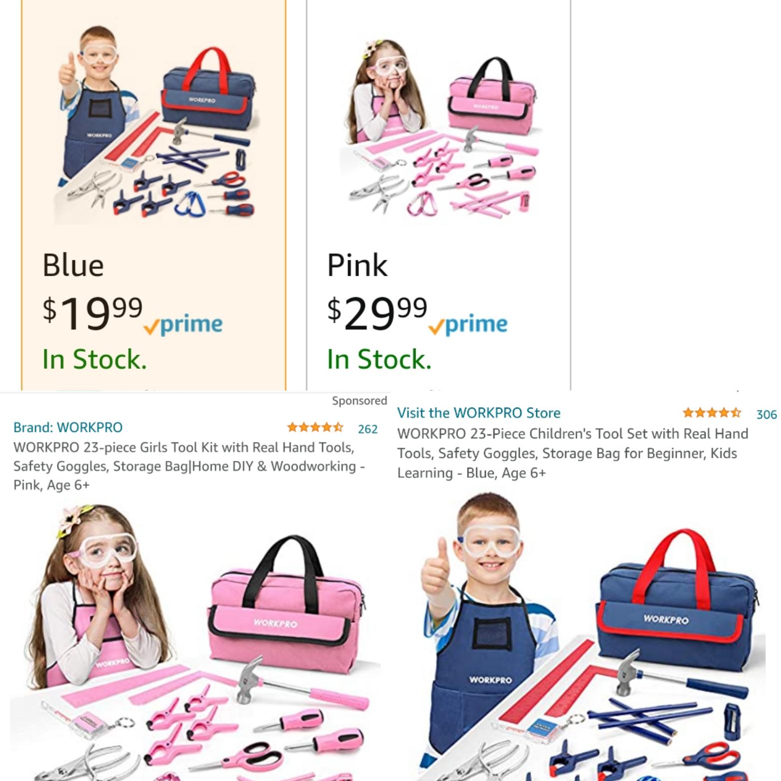 "girls tool kit" is pink and costs 50% more than the otherwise ...