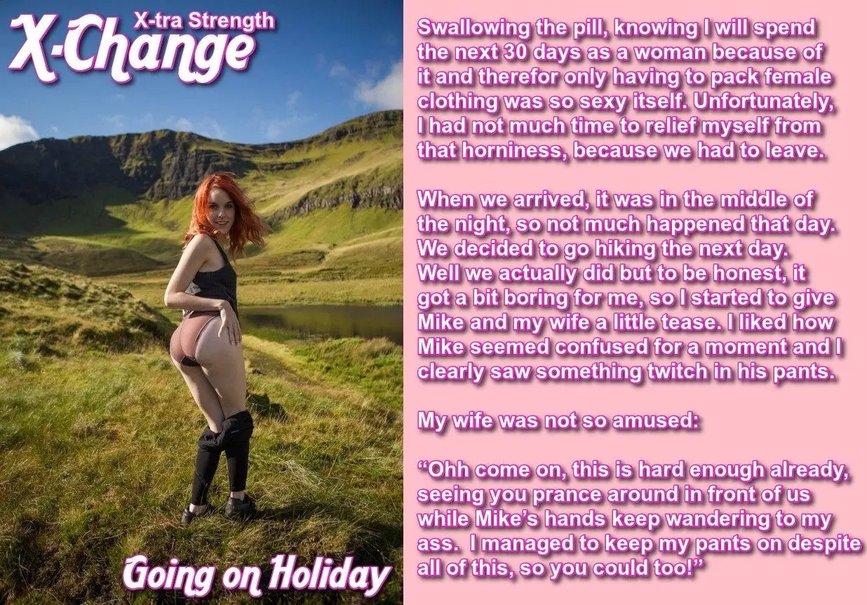 Curvy blonde woman in black lace lingerie for an X-Change pill gender swap story