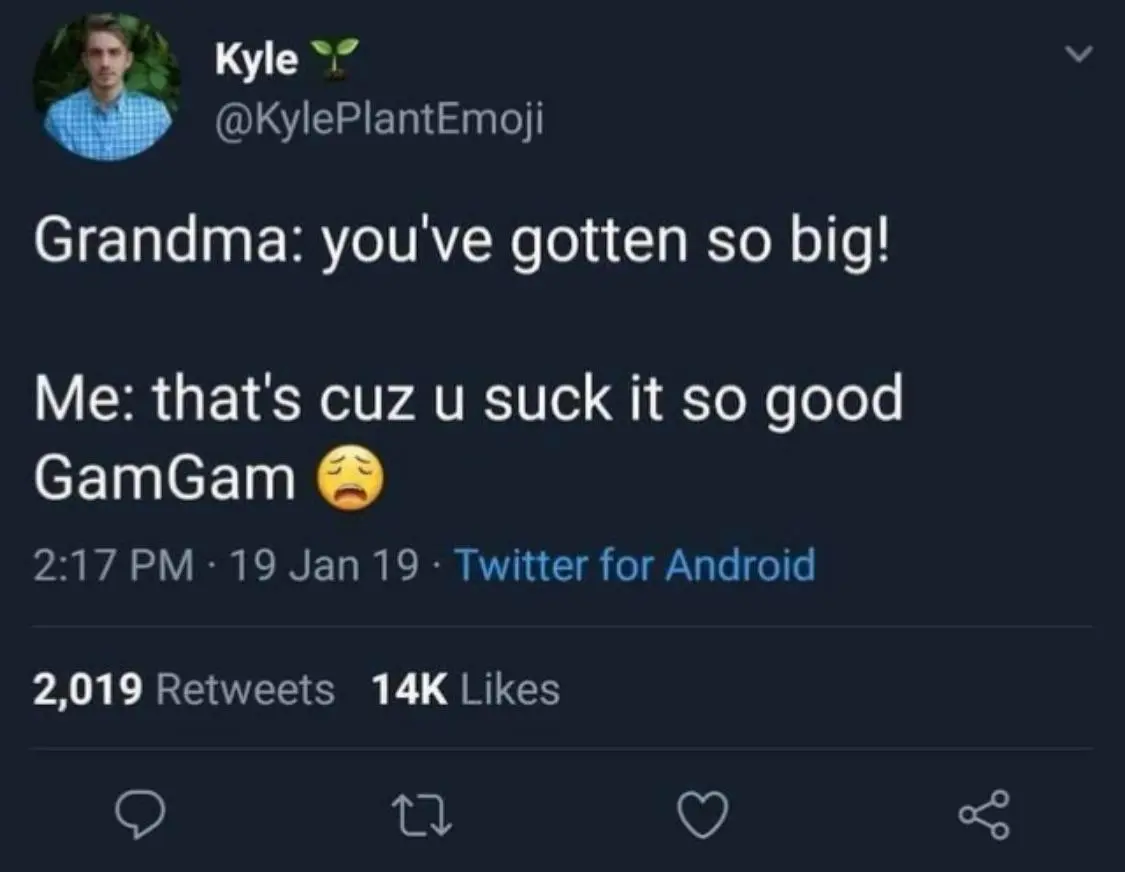 A dark humor tweet meme from r/SuddenlyIncest featuring a text post about a grandson and grandma.
