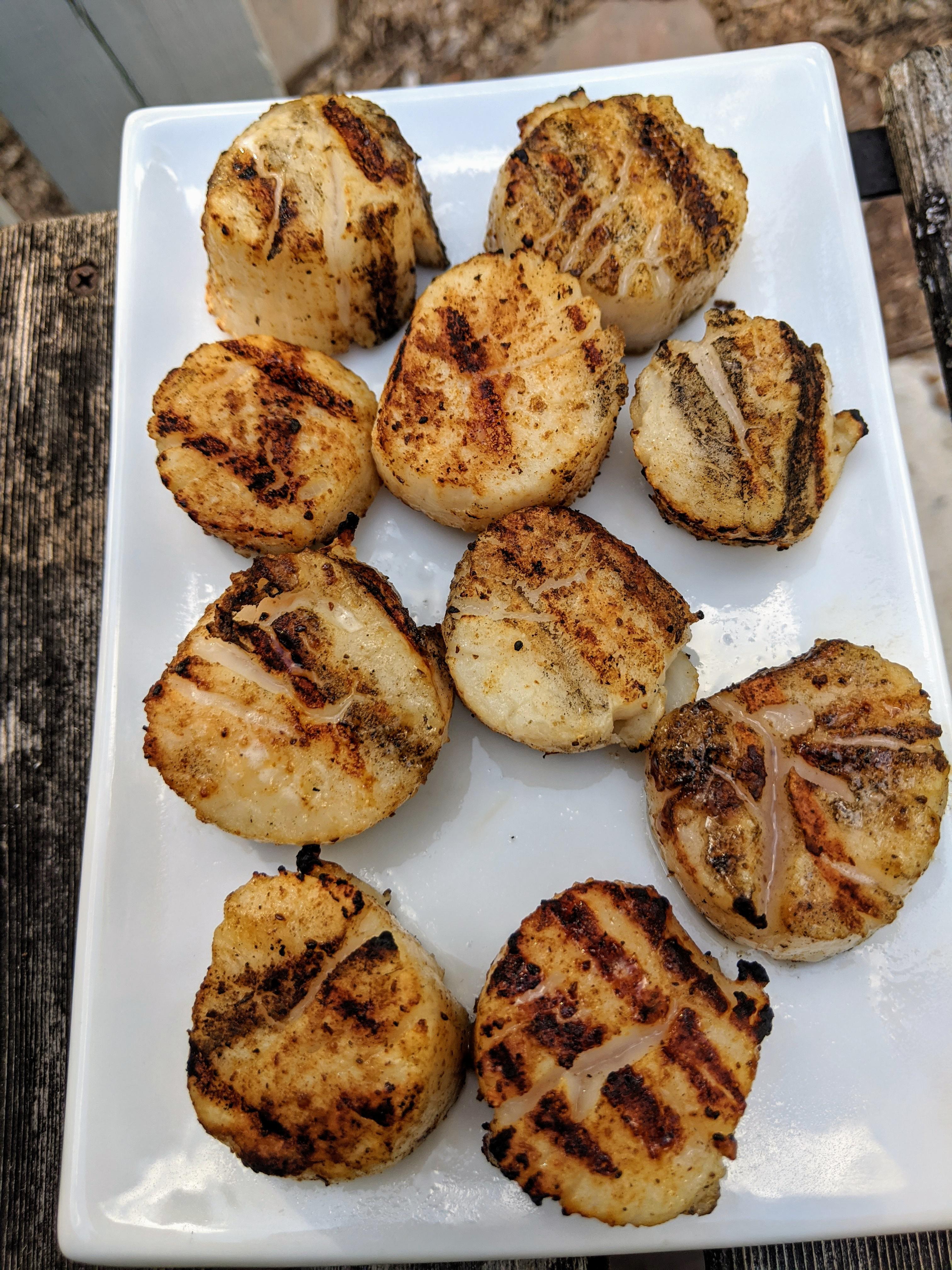 Grilled scallops off the BGE. Smoked salt and Old Bay seasoning