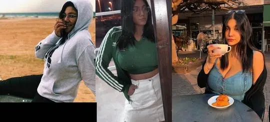 Mixed curvy woman in a grey hoodie, green crop top with white skirt, and blue denim top with black cardigan.
