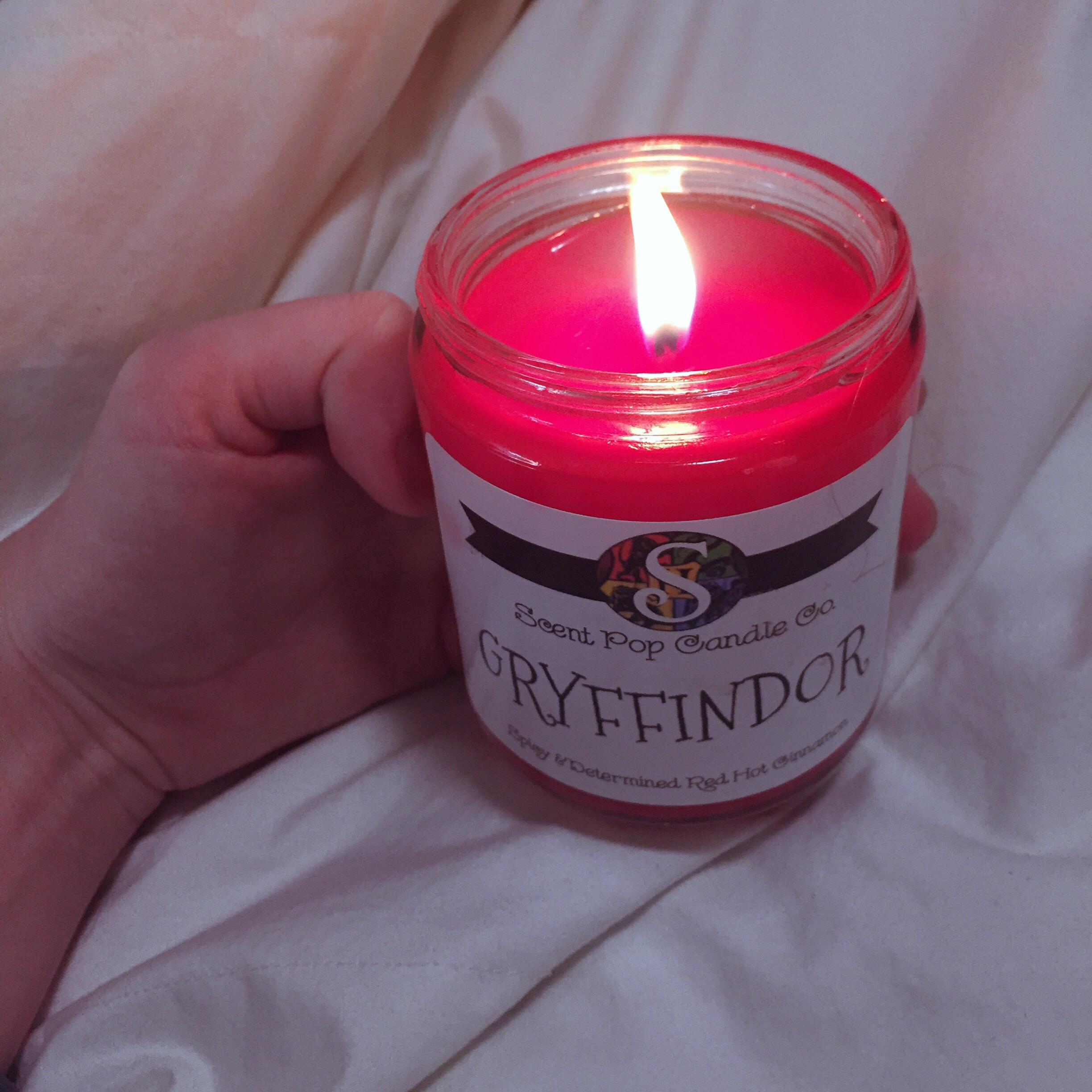 Harry Potter inspired candle!! It smells like strong cinnamon hearts