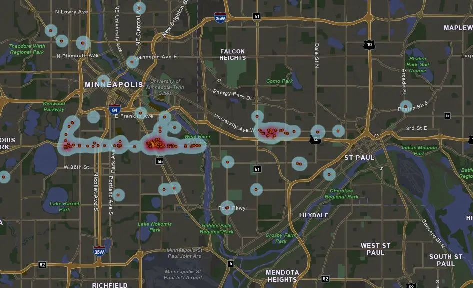 Live Riot Map Heat map of damaged or looted buildings from the Minneapolis riots [OC ...