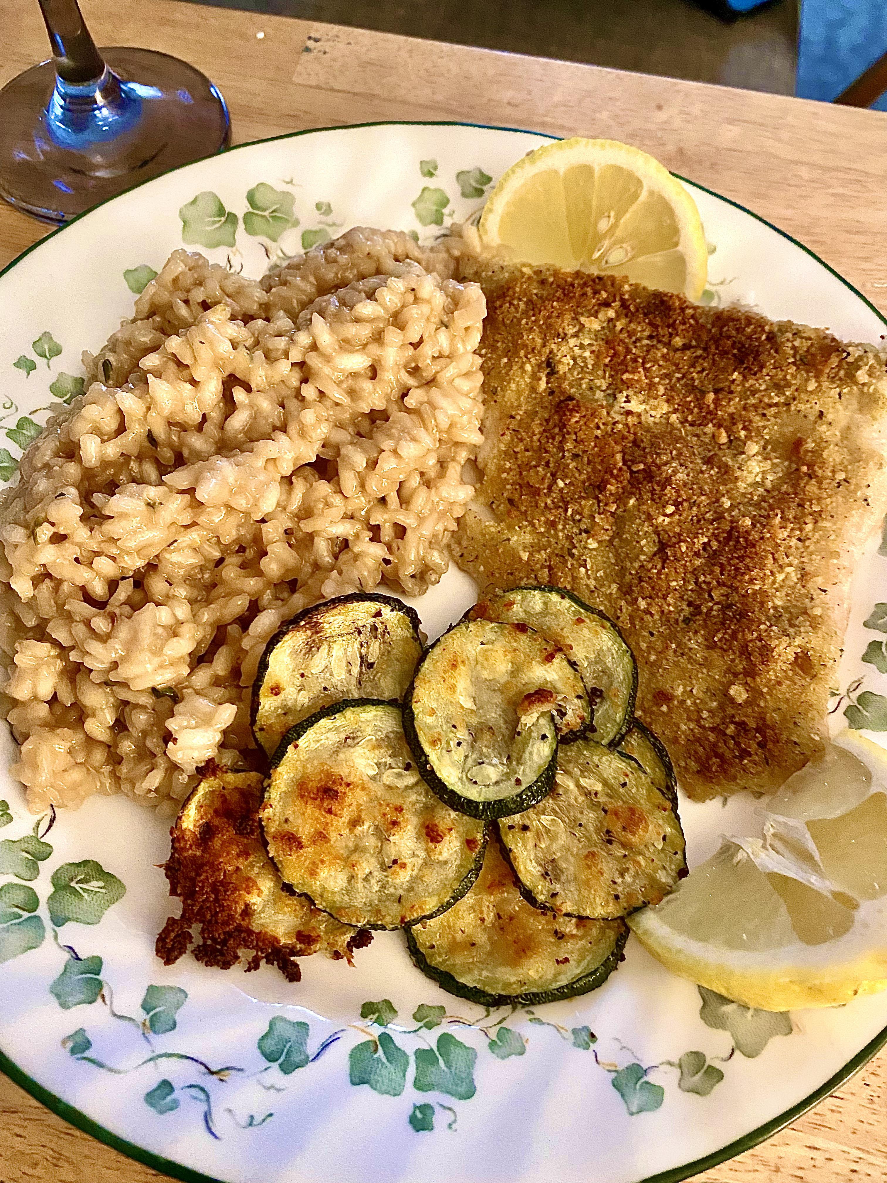 [homemade] baked haddock, parmesan crusted zucchini, and parmesan