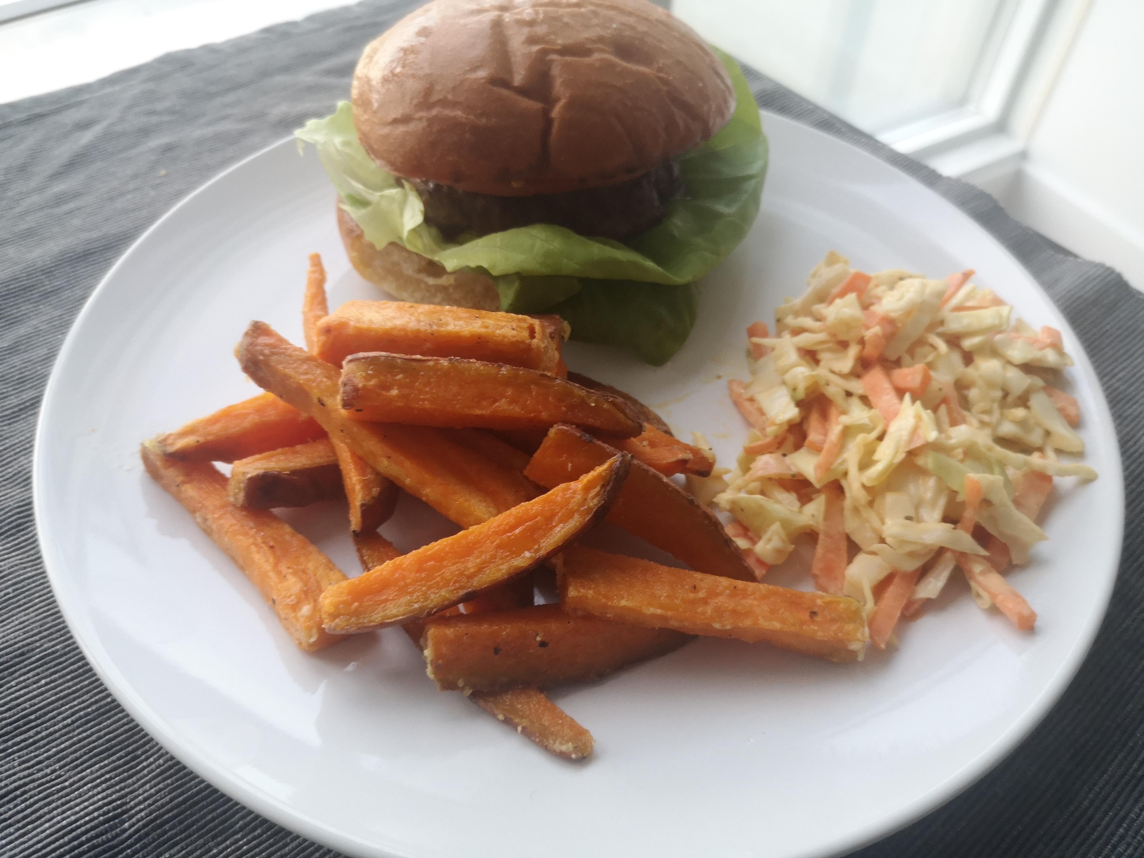 Homemade Beef Burger, Yam Fries and Coleslaw Scrolller