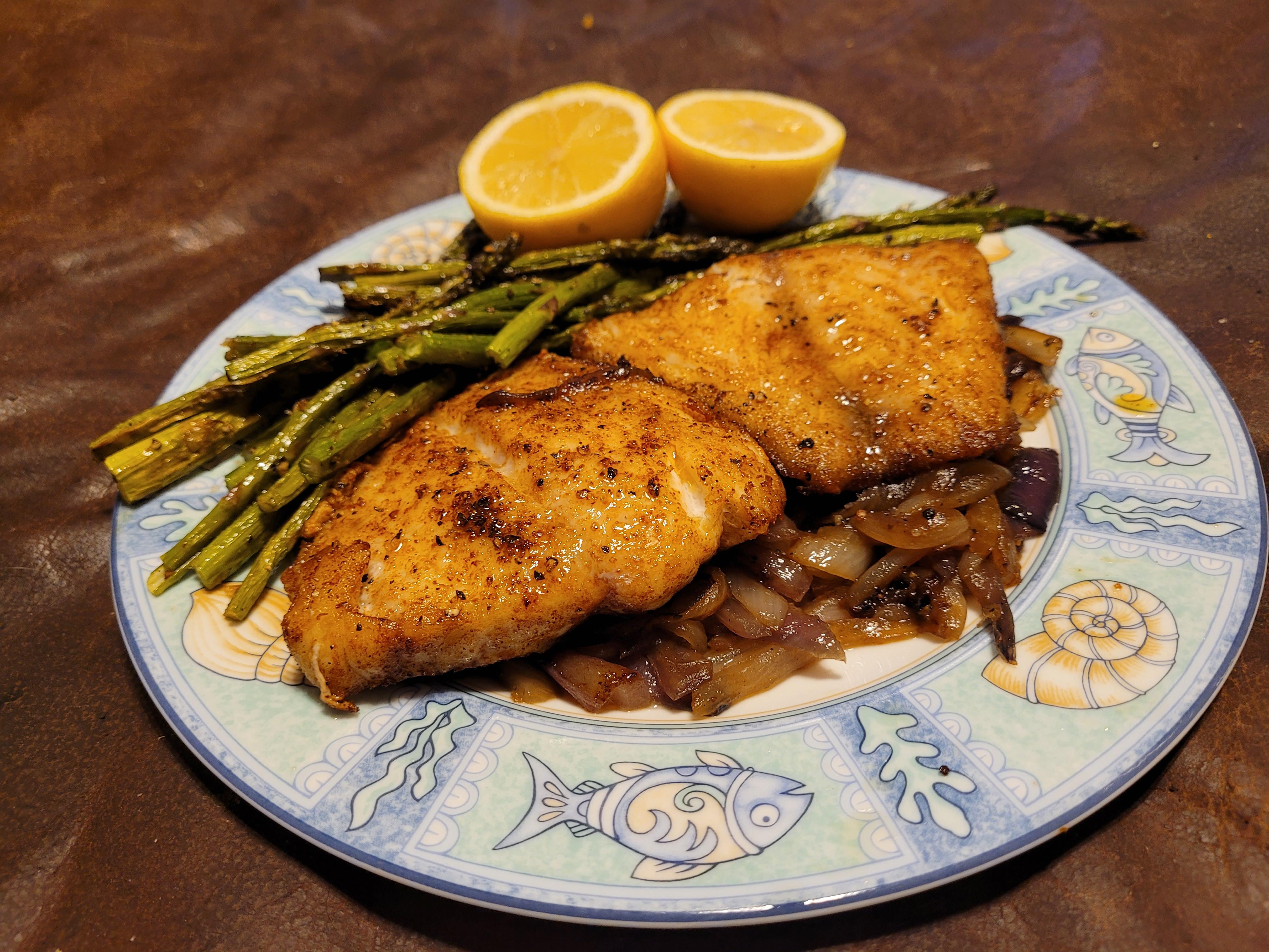[Homemade] pan seared grouper, caramelized onion, oven roasted