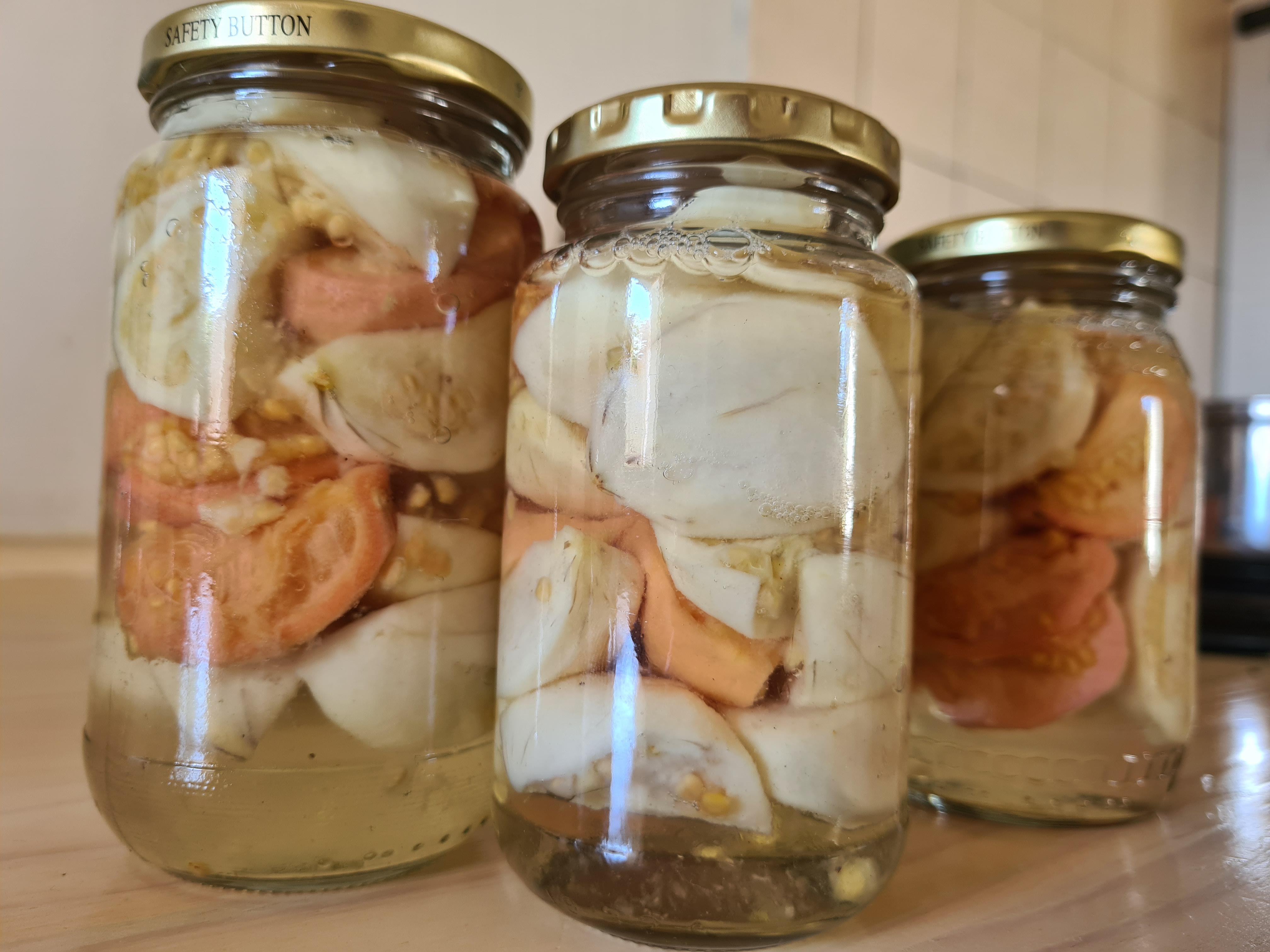 Homemade Preserved Guavas. Guavas in a simple water and sugar syrup