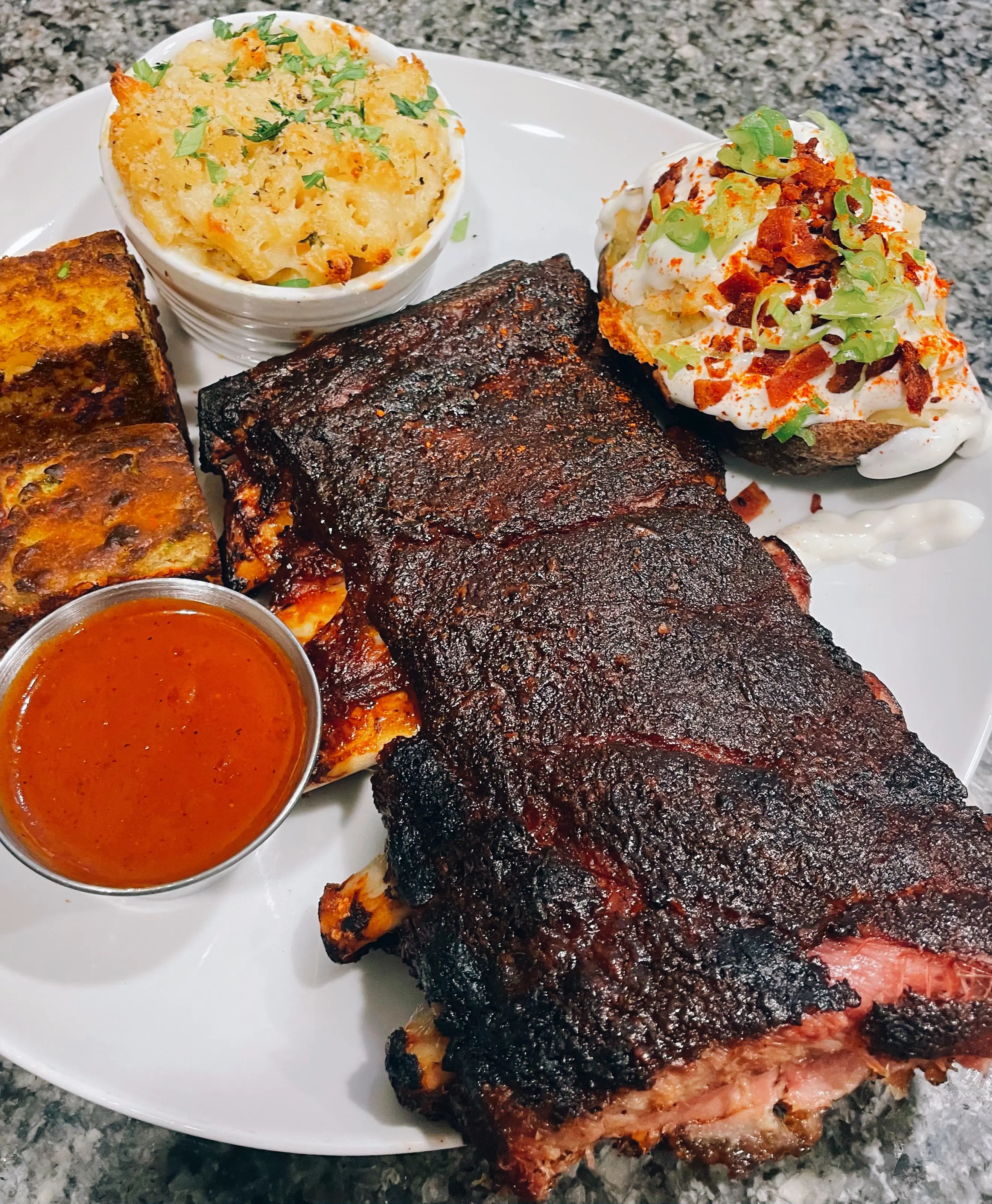 [Homemade] Smoked St. Louis Ribs with Mac & Cheese, Loaded Baked Potato ...