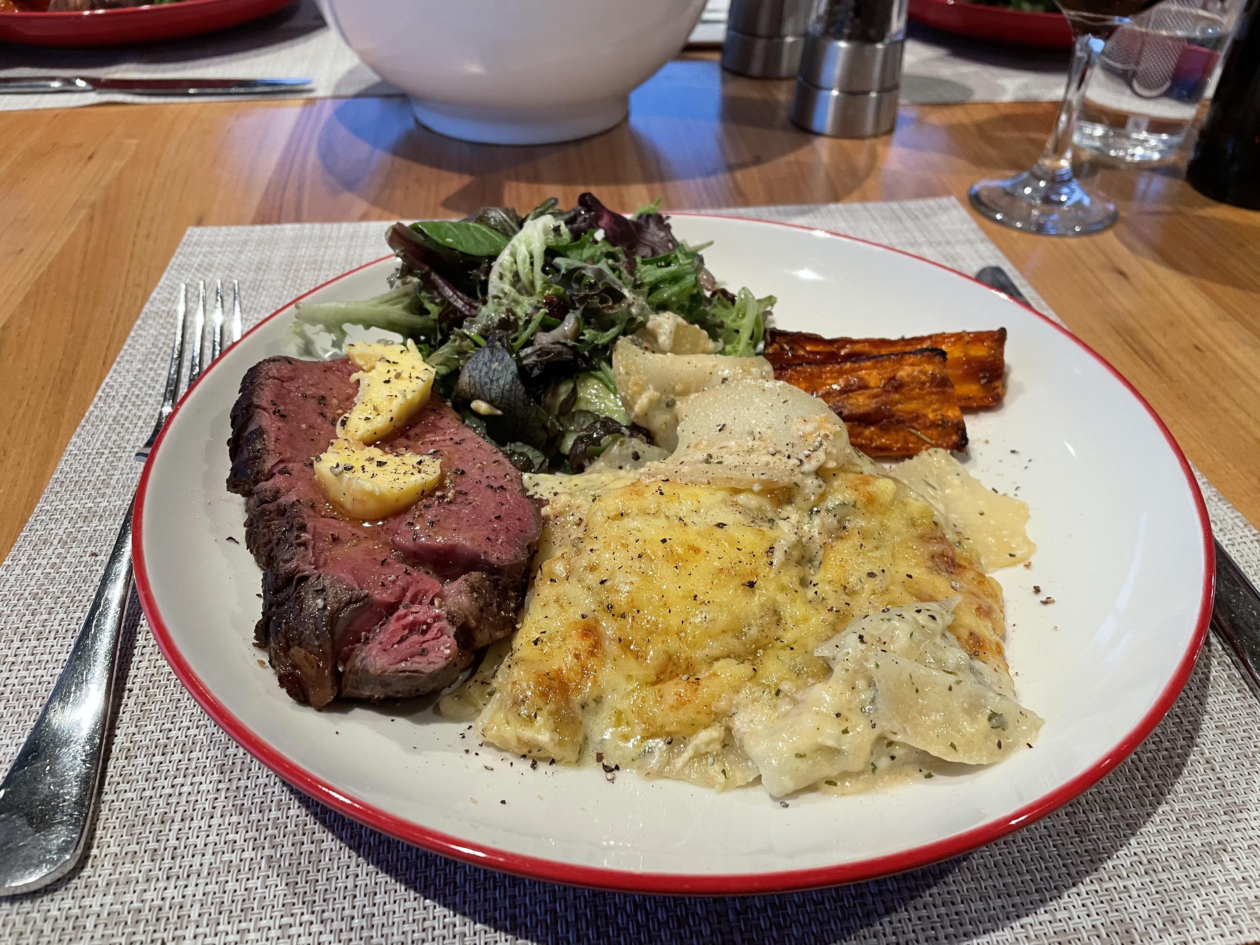 Homemade sous vide fillet steak, garlic butter, potato dauphinois and