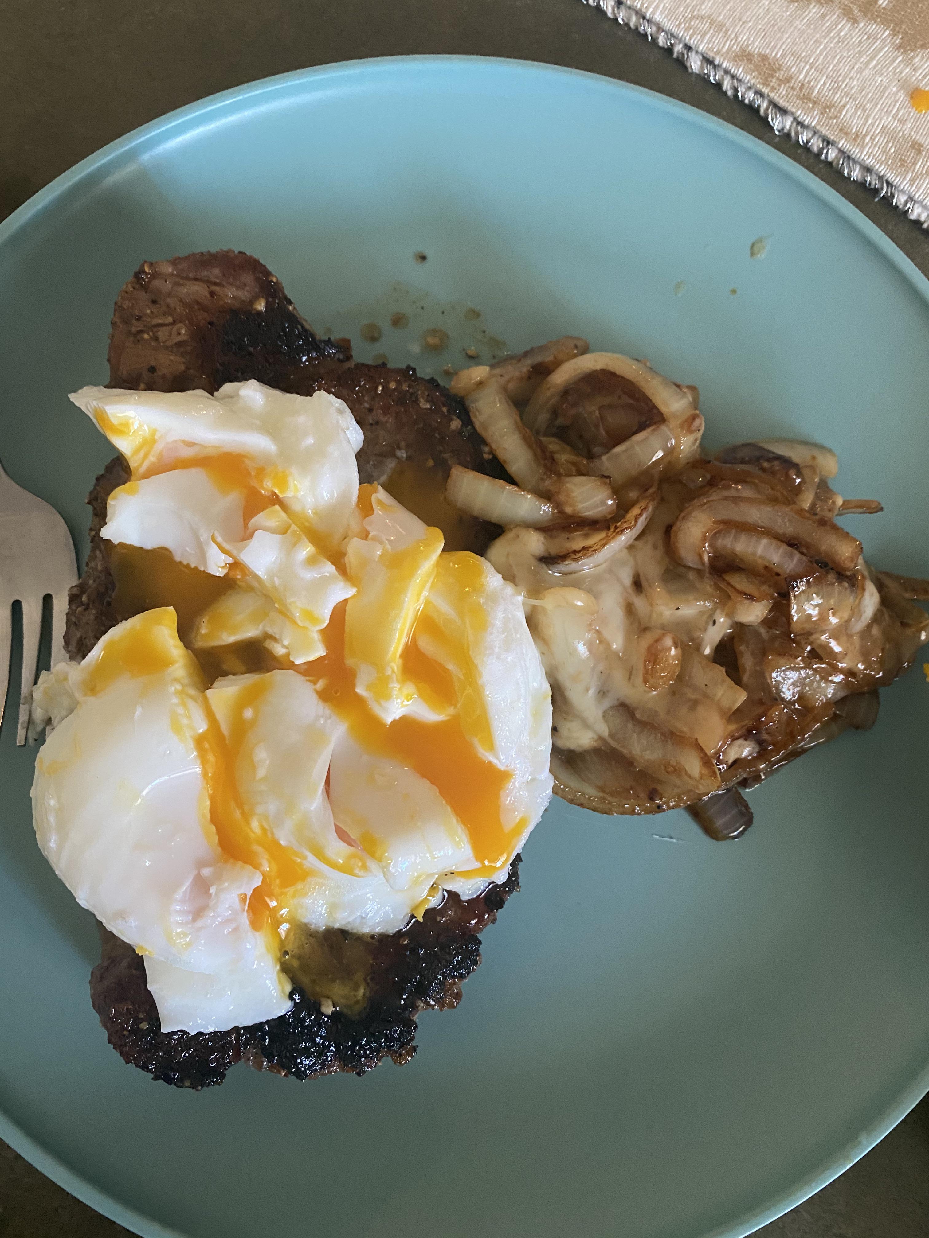 [Homemade] Strip Steak, poached eggs, and grilled onions with