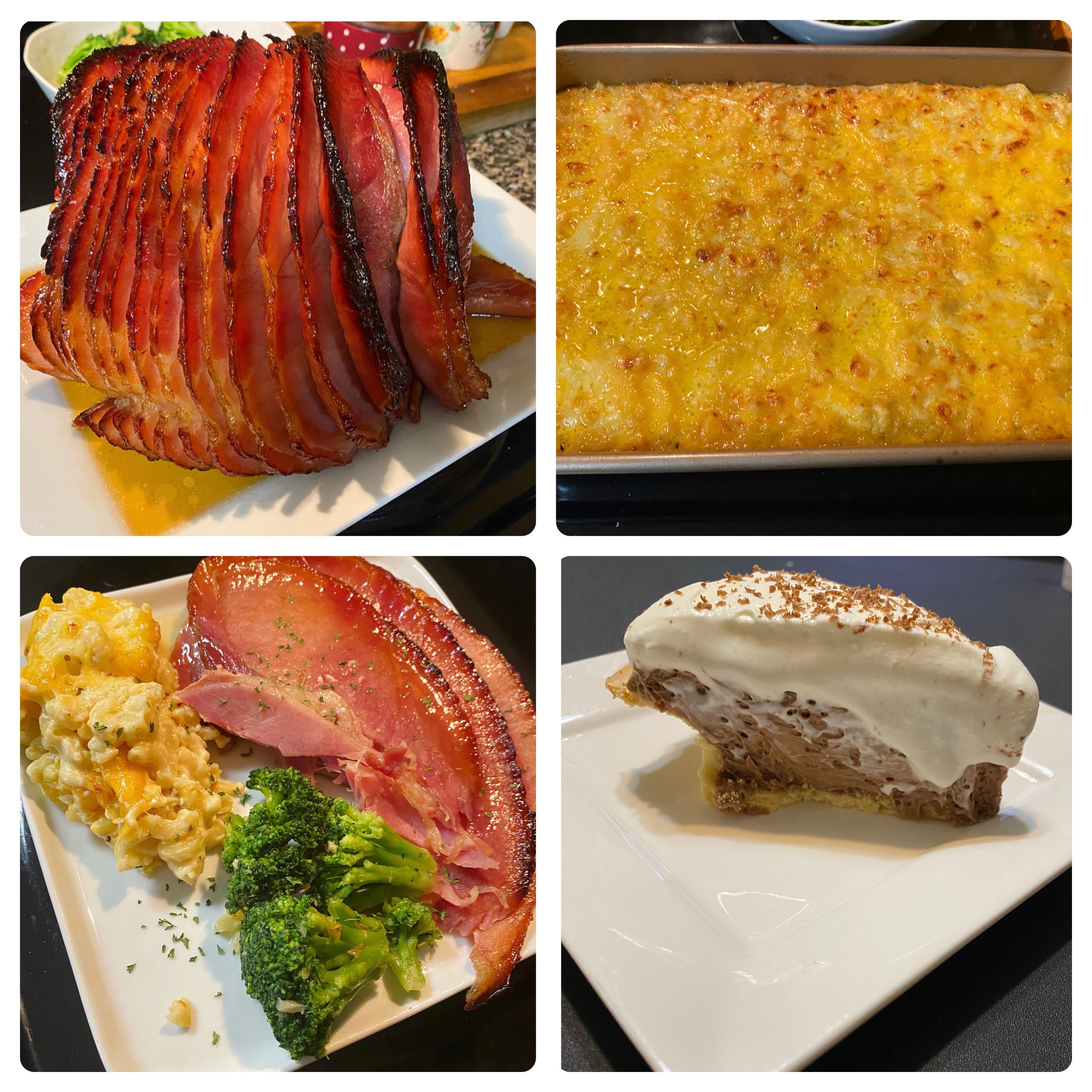 Honeyglazed Ham, Mac and Cheese, Broccoli, and French Silk Pie