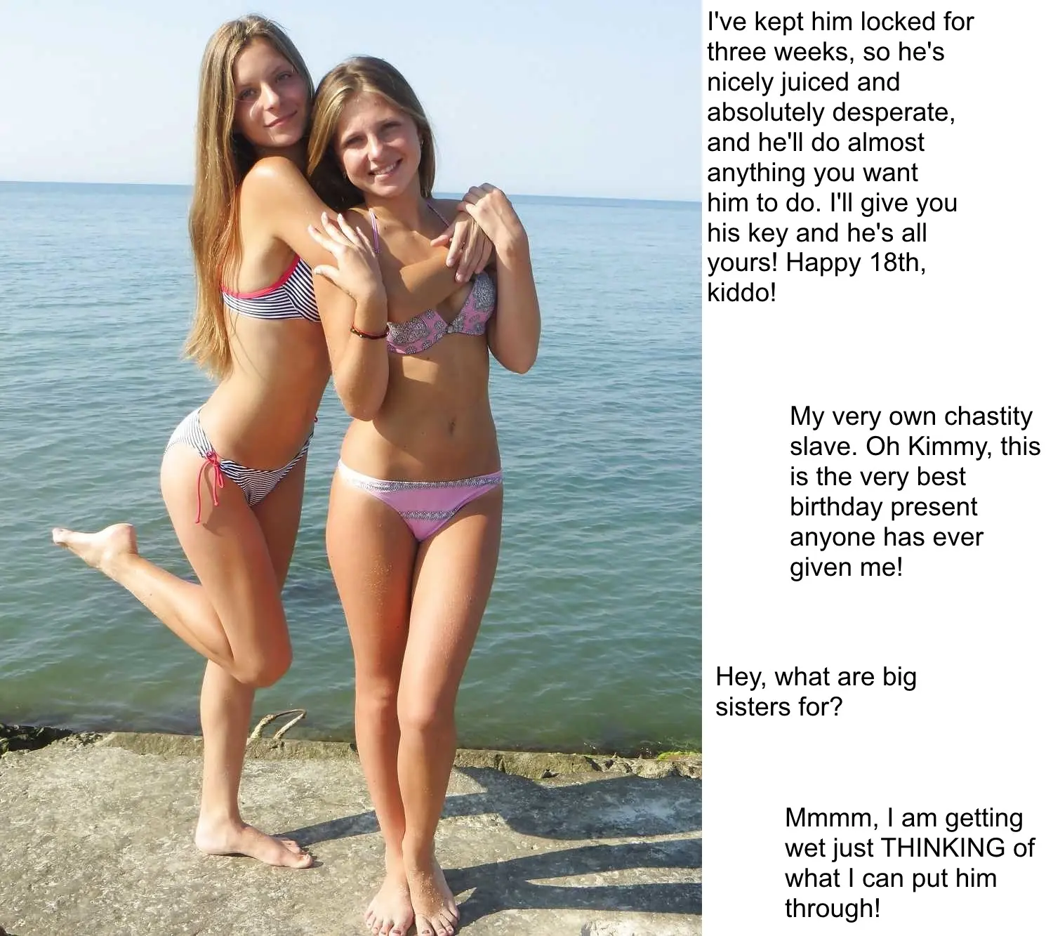 Femdom foot fetish and male chastity captions featuring brunette and redhead women in various outfits