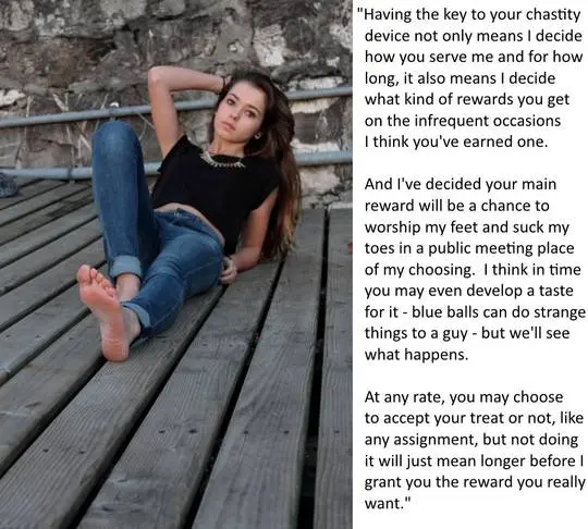 Femdom foot fetish and male chastity captions featuring brunette and redhead women in various outfits