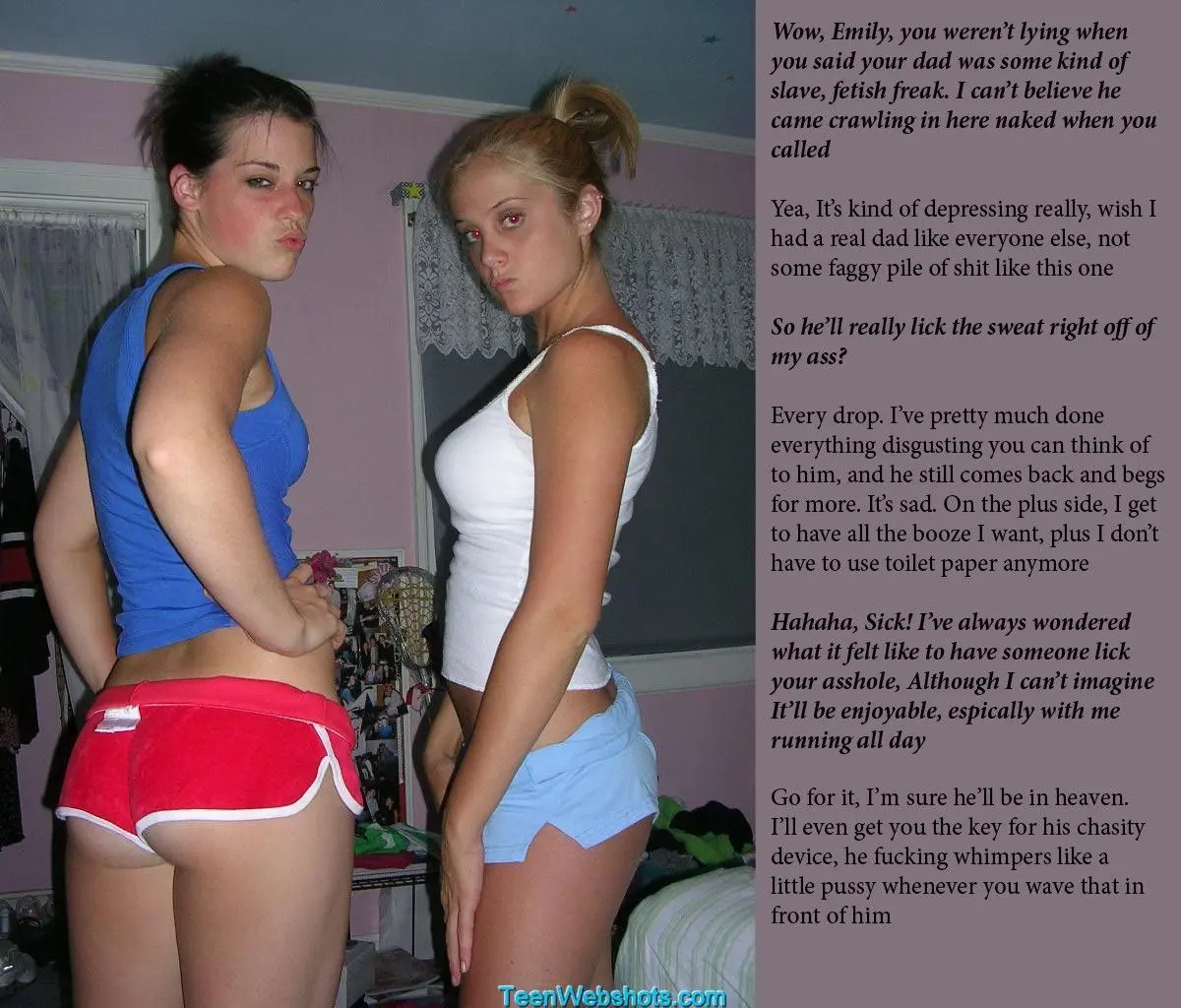 Femdom foot fetish and male chastity captions featuring brunette and redhead women in various outfits
