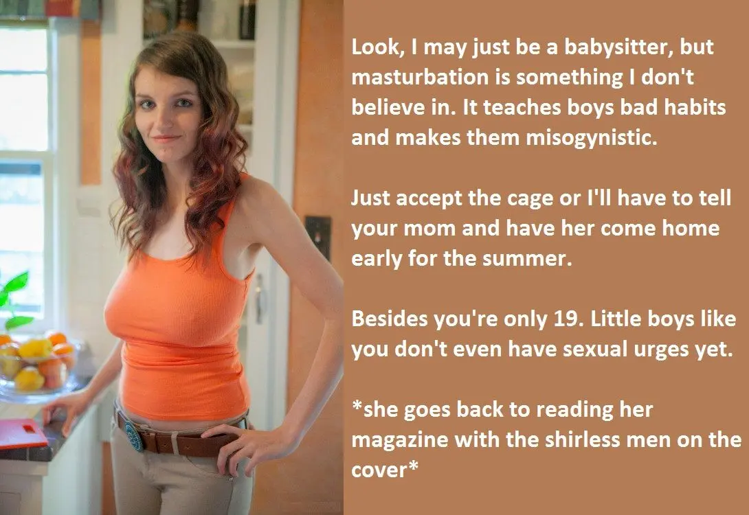 Femdom foot fetish and male chastity captions featuring brunette and redhead women in various outfits