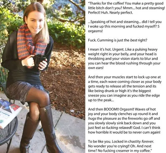 Femdom foot fetish and male chastity captions featuring brunette and redhead women in various outfits