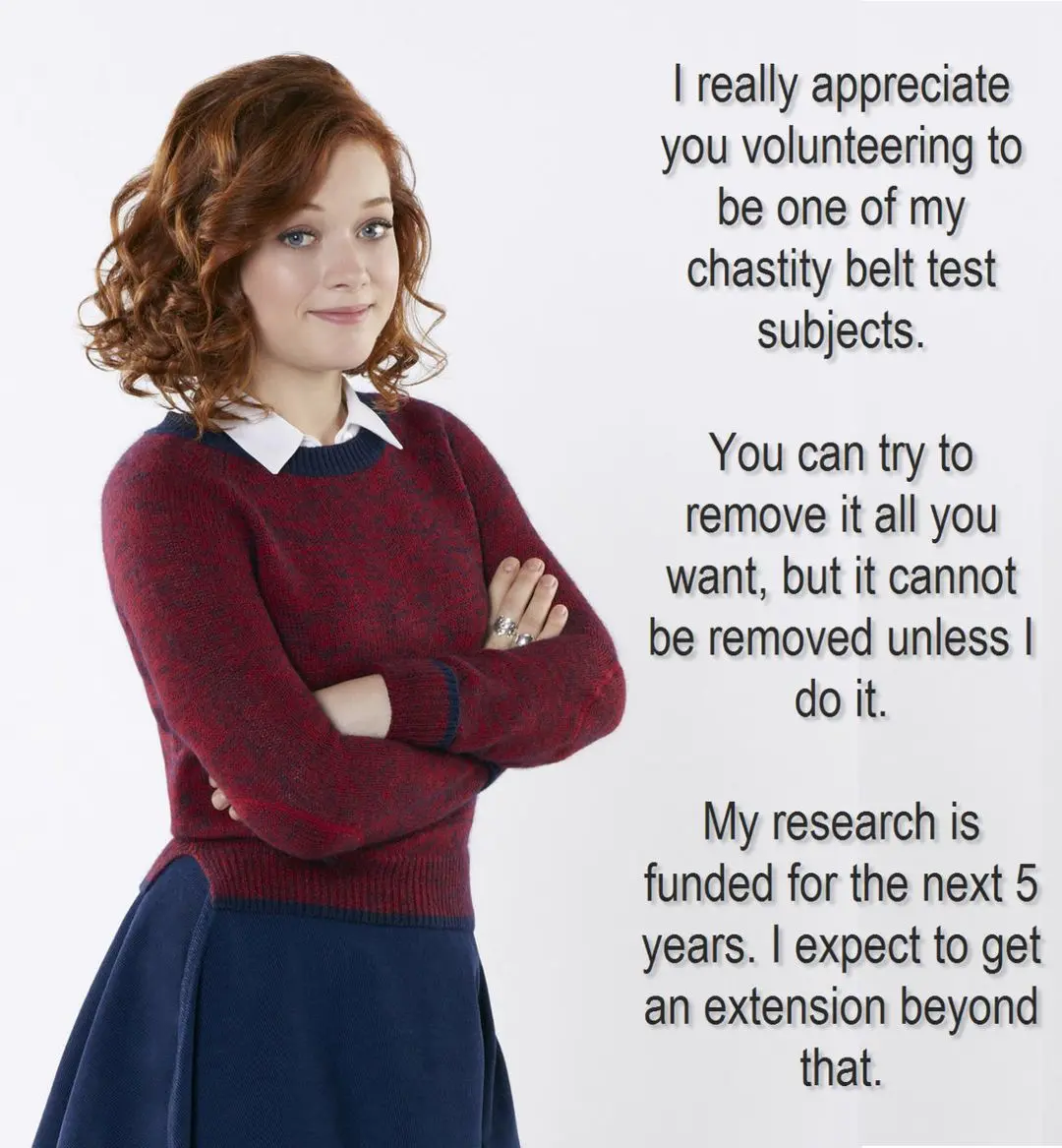 Femdom foot fetish and male chastity captions featuring brunette and redhead women in various outfits