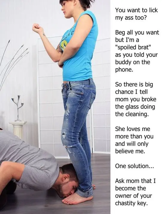 Femdom foot fetish and male chastity captions featuring brunette and redhead women in various outfits