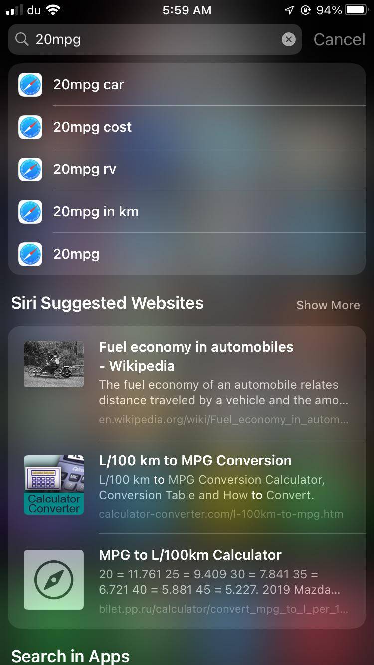 [IOS 15 PB5] Search no longer converts mpg to Litre per 100km, hope its bug as it was very