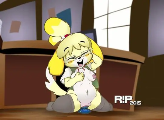 Isabelle from Animal Crossing as a curvy blonde dog girl furry experiencing belly expansion in an office setting.
