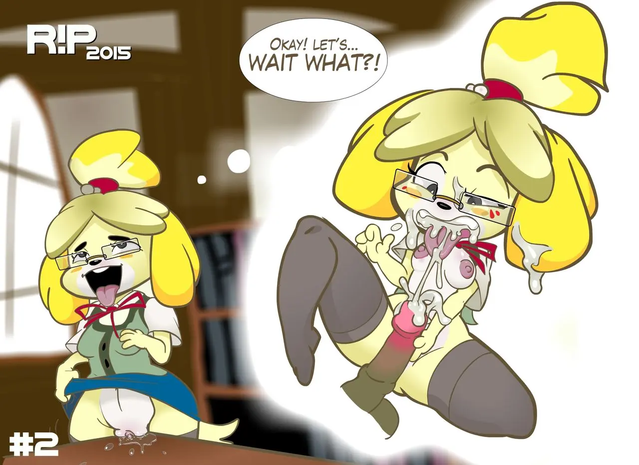 Isabelle from Animal Crossing as a curvy blonde dog girl furry experiencing belly expansion in an office setting.