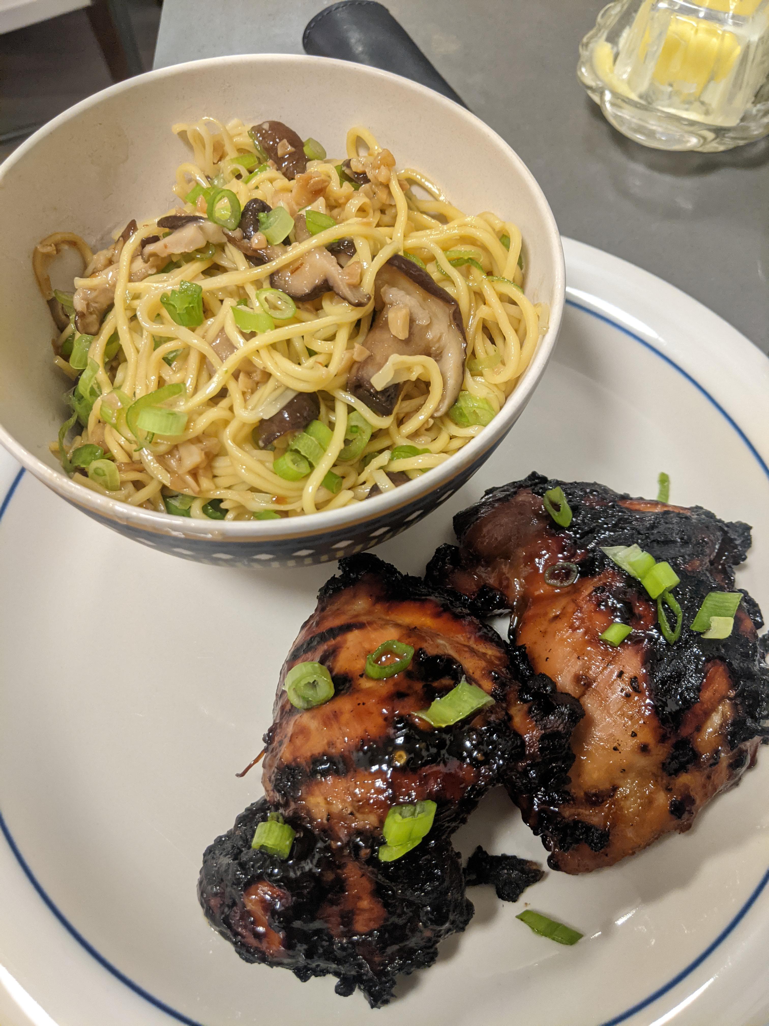 Kalbi marinated grilled chicken thighs with garlic and shiitake noodles