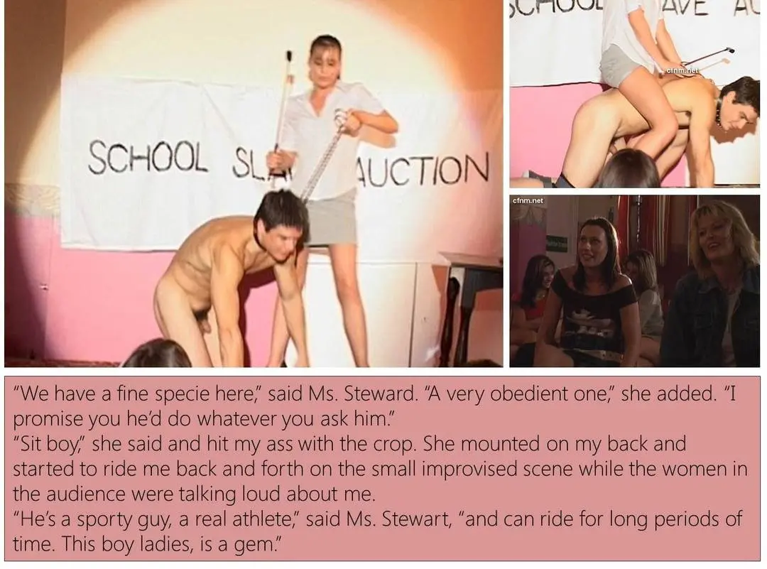 Male slave auction with a naked athletic man and women in a femdom and cfnm scene