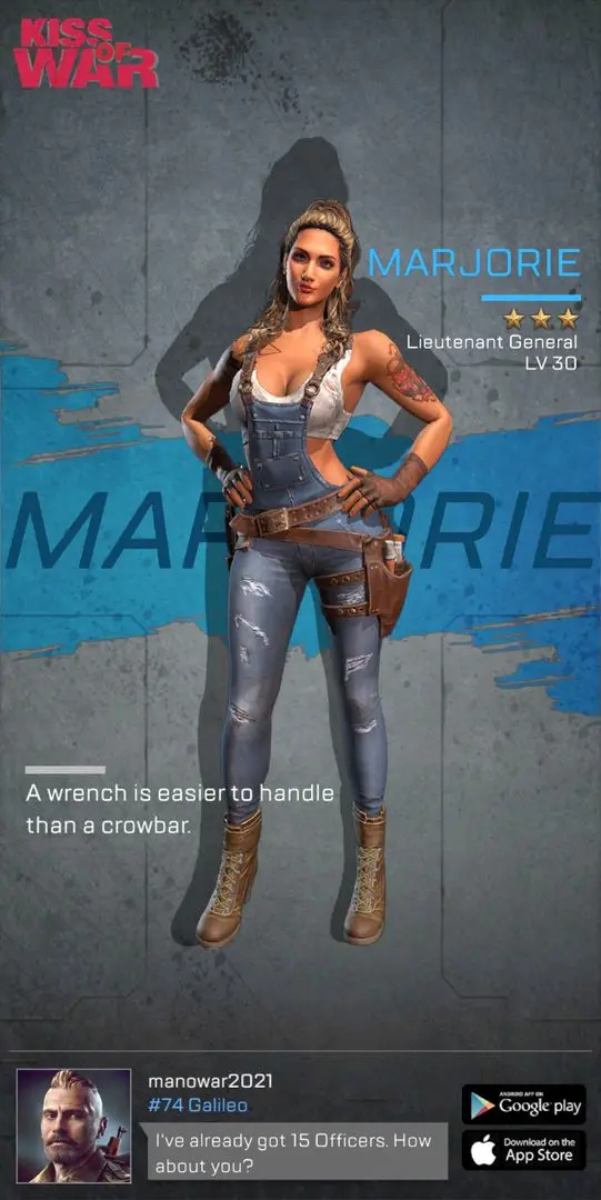 Marjorie from Kiss of War wearing a white crop top and blue denim overalls against an industrial background.