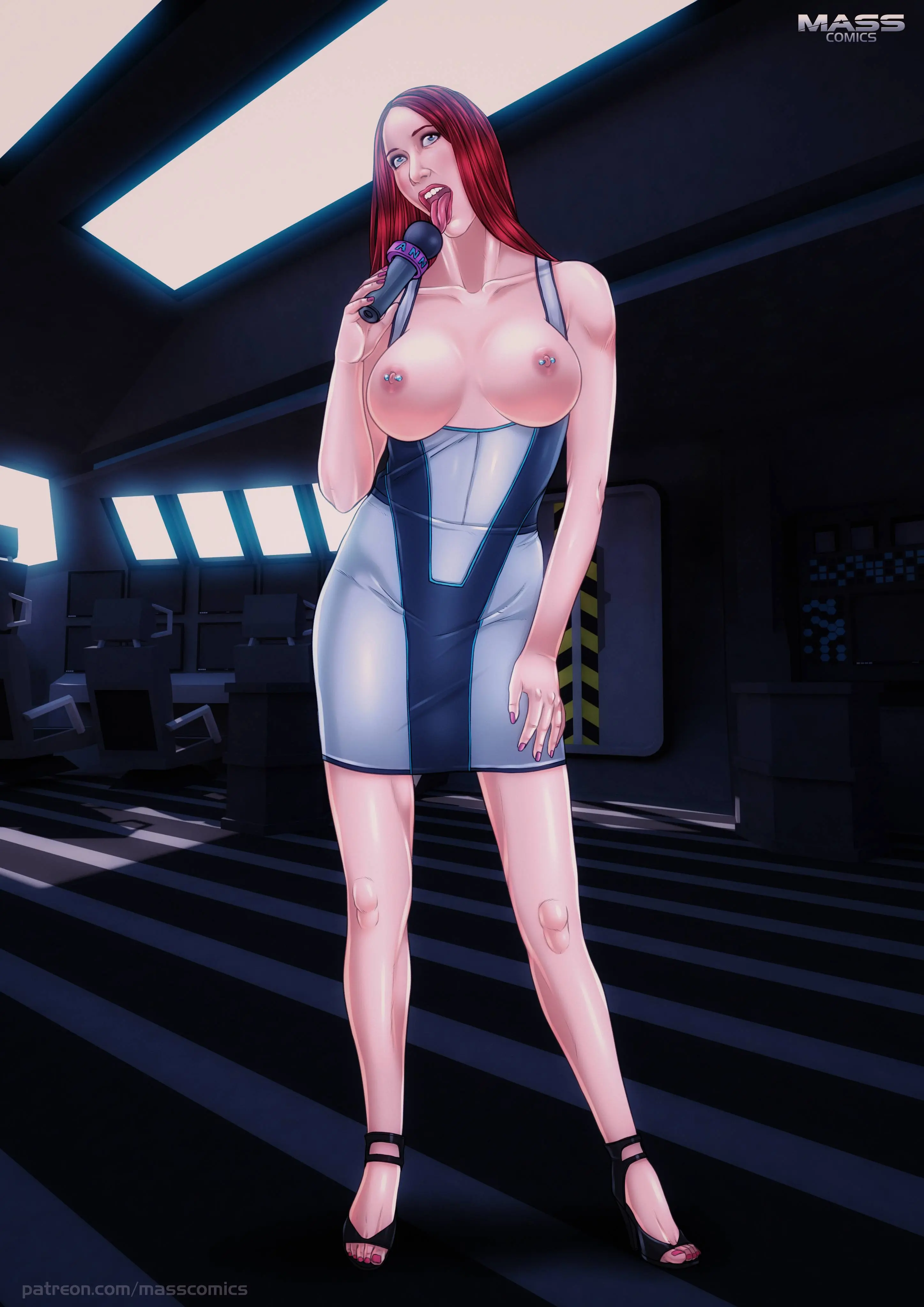 Mass Effect NSFW digital art featuring busty redheads, blondes, and blue-skinned women in bikinis and nude poses