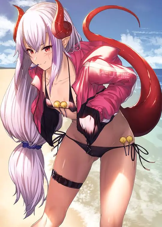 Melusine, a monster girl with horns and a tail in a pink jacket and black shell micro bikini on a beach