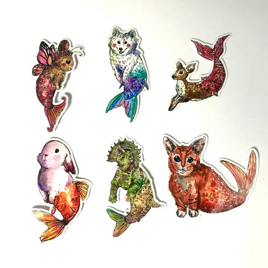 Mermaid animal stickers of my original watercolor designs