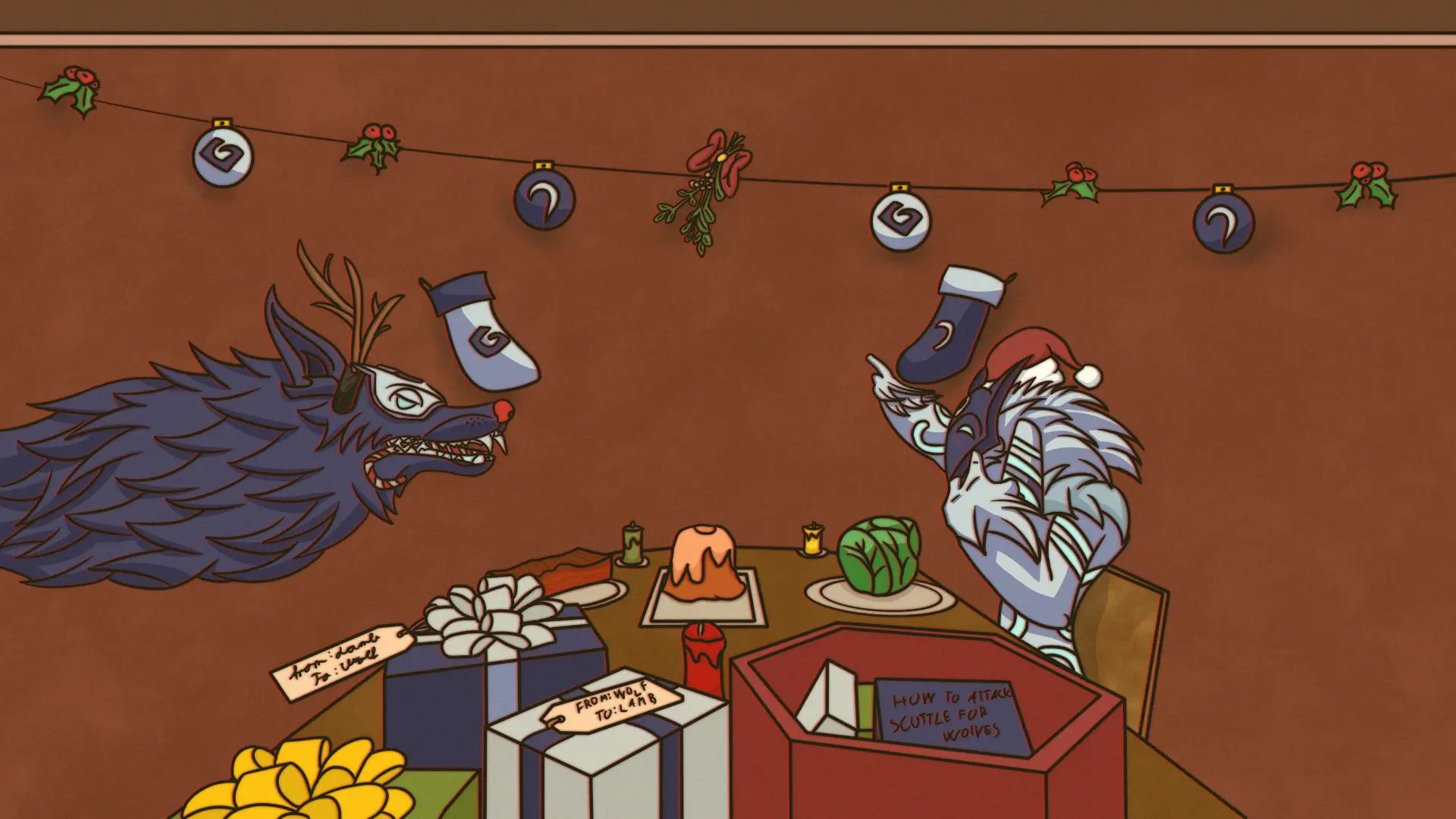 Kindred fan art of a blue wolf and white cockatiel celebrating Christmas with wrapped gifts and stockings.