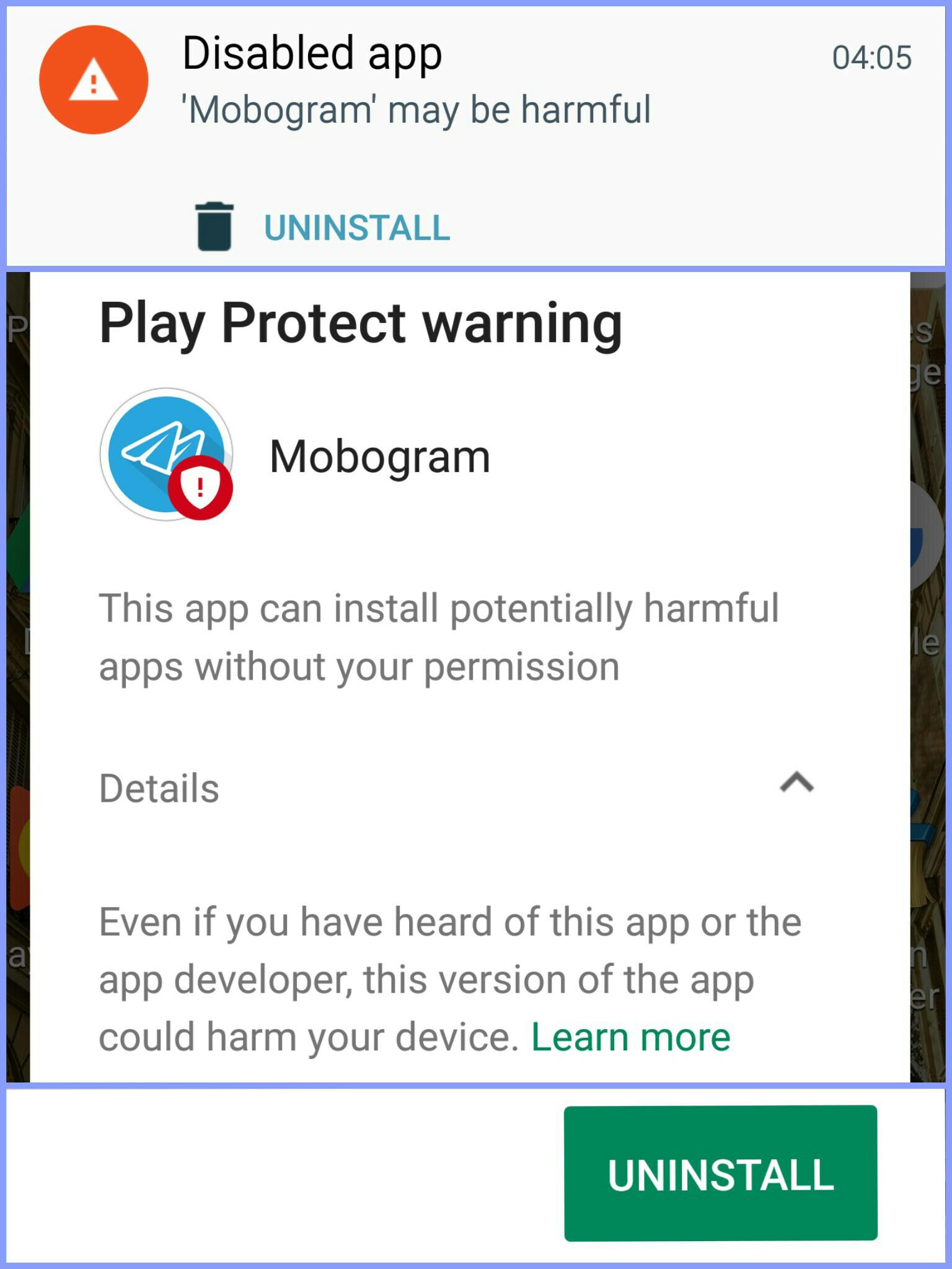 Mobogram disabled by play protect on my android phone just now