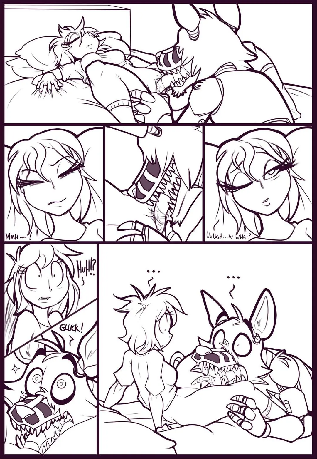 Kayla-na art of a muscular anthropomorphic wolf and a curvy blonde woman in lingerie in a bedroom
