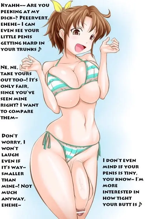 Futanari and femdom anime panels with busty women, a male slut, and explicit captions